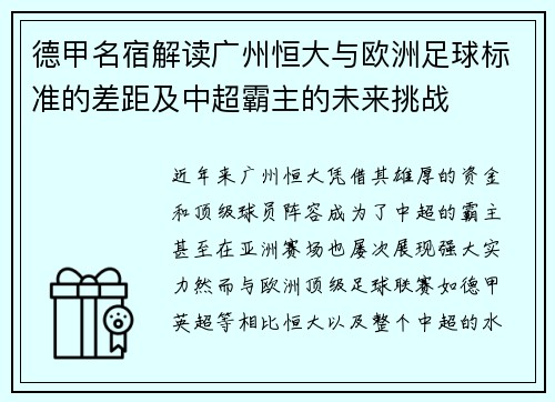 德甲名宿解读广州恒大与欧洲足球标准的差距及中超霸主的未来挑战