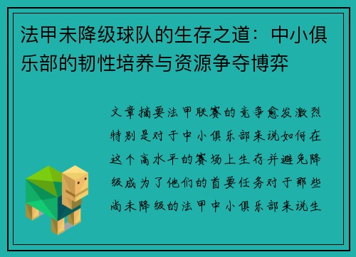 法甲未降级球队的生存之道：中小俱乐部的韧性培养与资源争夺博弈